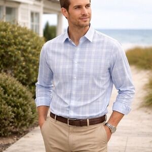 Tommy Bahama Plaid Shirt Mens 16.5 34/35 Blue Cotton Coastal Classic Button Down